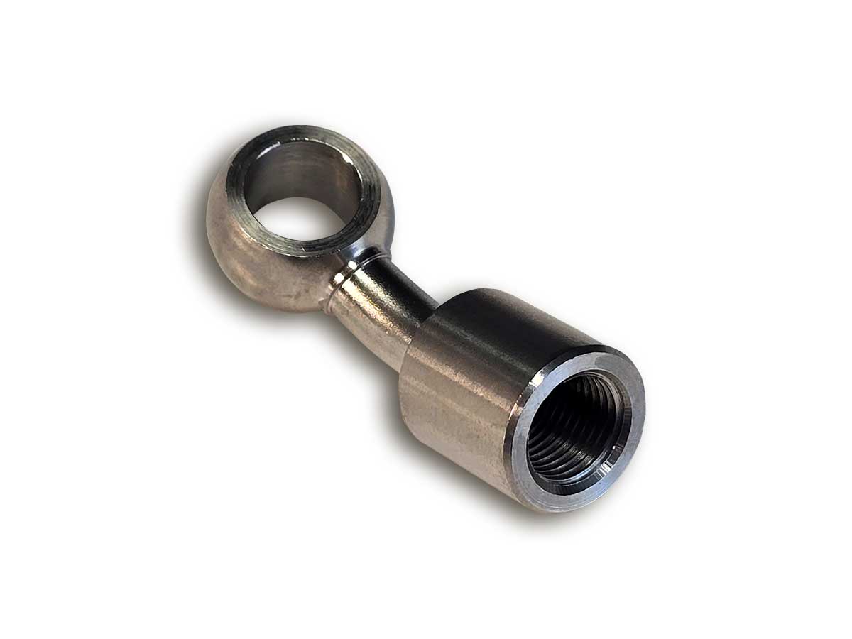 35° gewinkelter Adapter für Radialbremszylinder mit Innengewinde M 10 x 1 auf Ringöse 10 mm