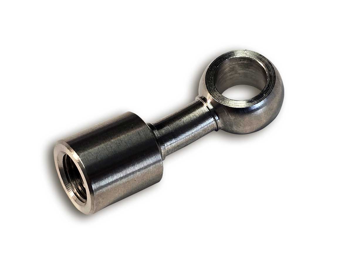 15° gewinkelter Adapter für Radialbremszylinder mit Innengewinde M 10 x 1 auf Ringöse 10 mm seitlich