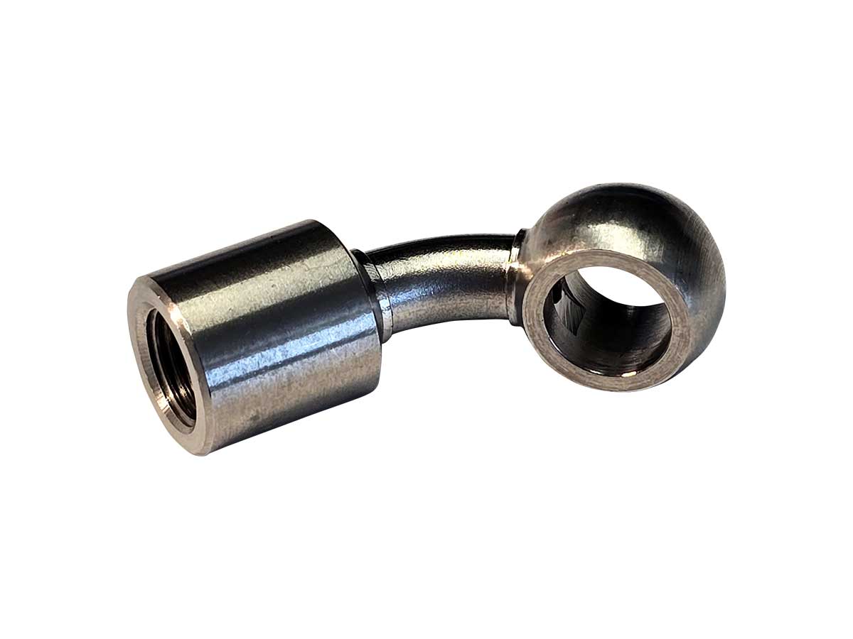 45° gewinkelter Adapter für Radialbremszylinder mit Innengewinde M 10 x 1 auf Ringöse 10 mm seitlich