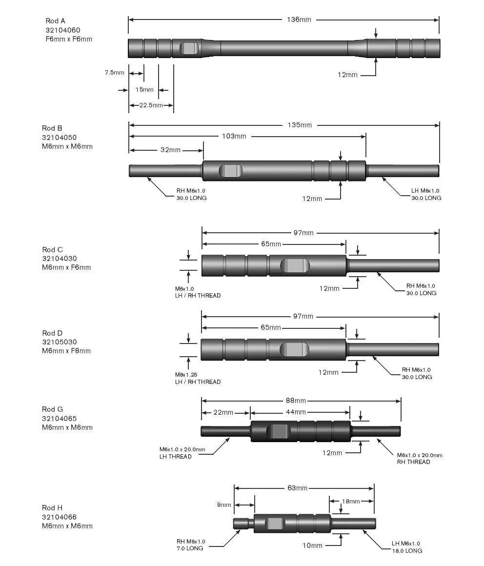 Massskizze der verfügbaren Dynojet Schaltgestänge für Quickshifter