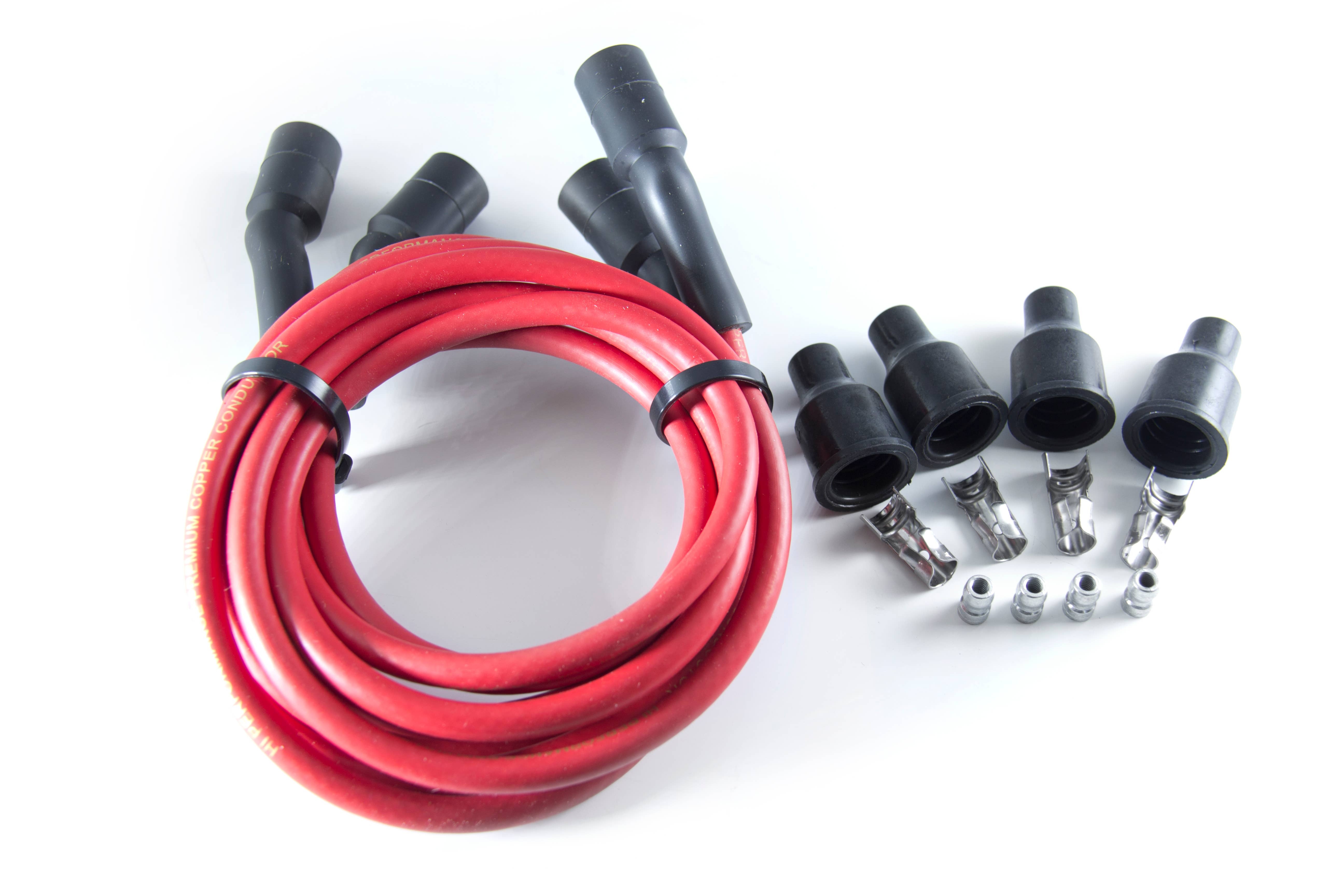 Lieferumfang Dyna Zündkabel mit Kupferkern rot und vier Kerzensteckern, 7mm Durchmesser