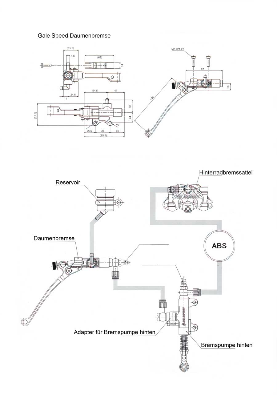Massskizze der Gale Speed Daumenbremse mit Standardhebel