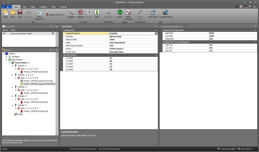 Quickshiftereinstellungen in der Dynojet Powercore Software