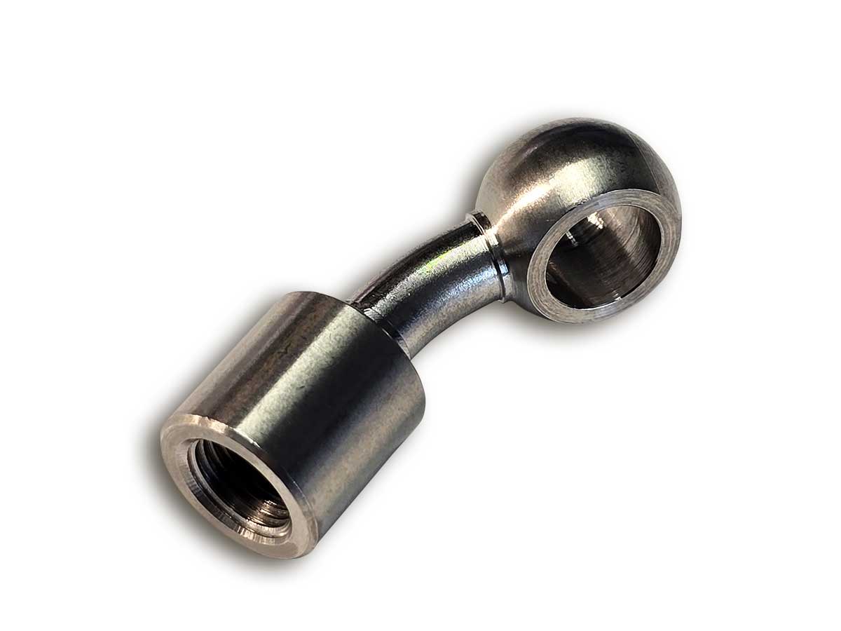 35° gewinkelter Adapter für Radialbremszylinder mit Innengewinde M 10 x 1 auf Ringöse 10 mm seitlich